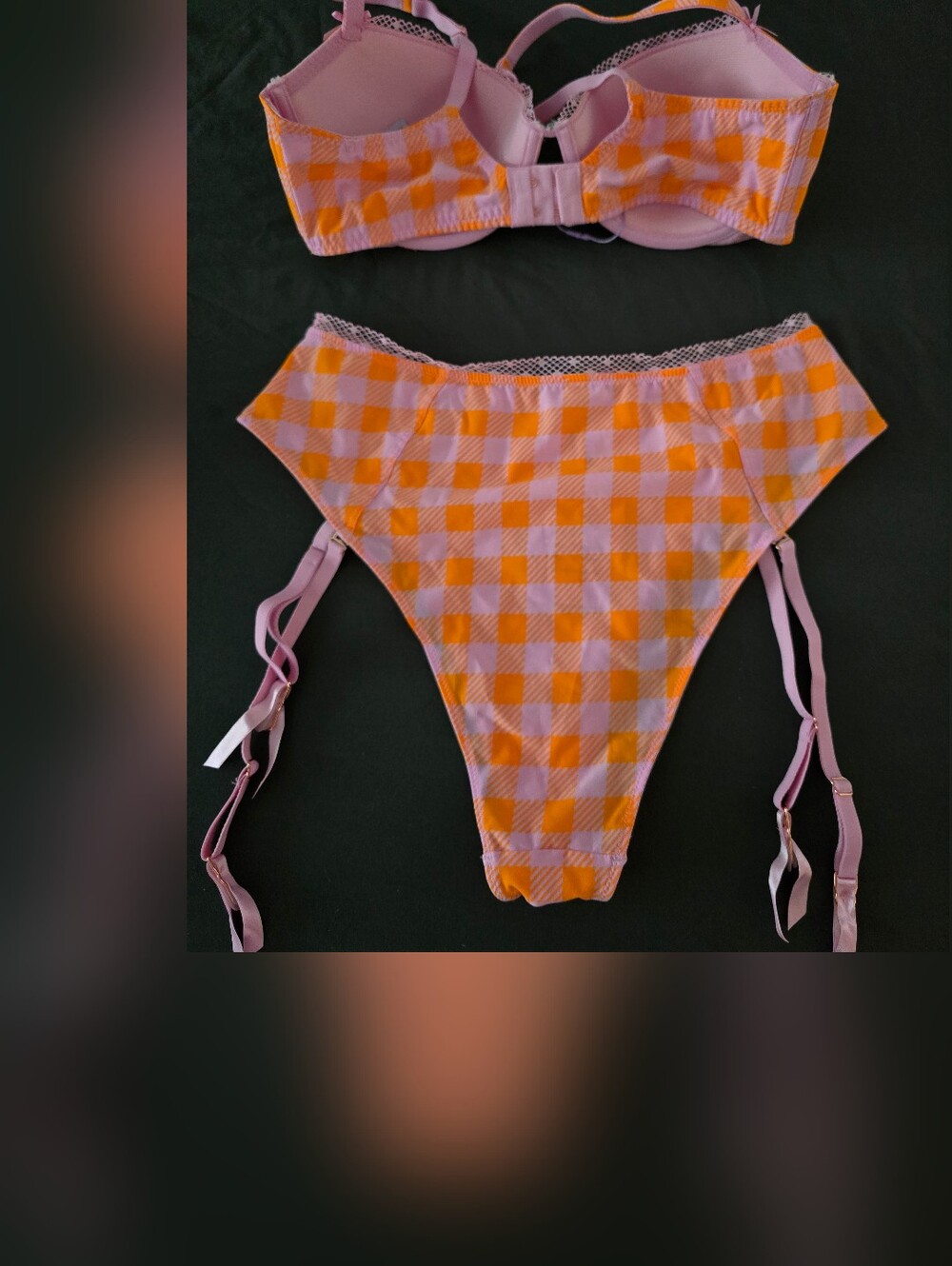 Savage X Fenty Pink & Orange Gingham Lace-Trim Bra and Brief Set Large - Picture 4 of 4